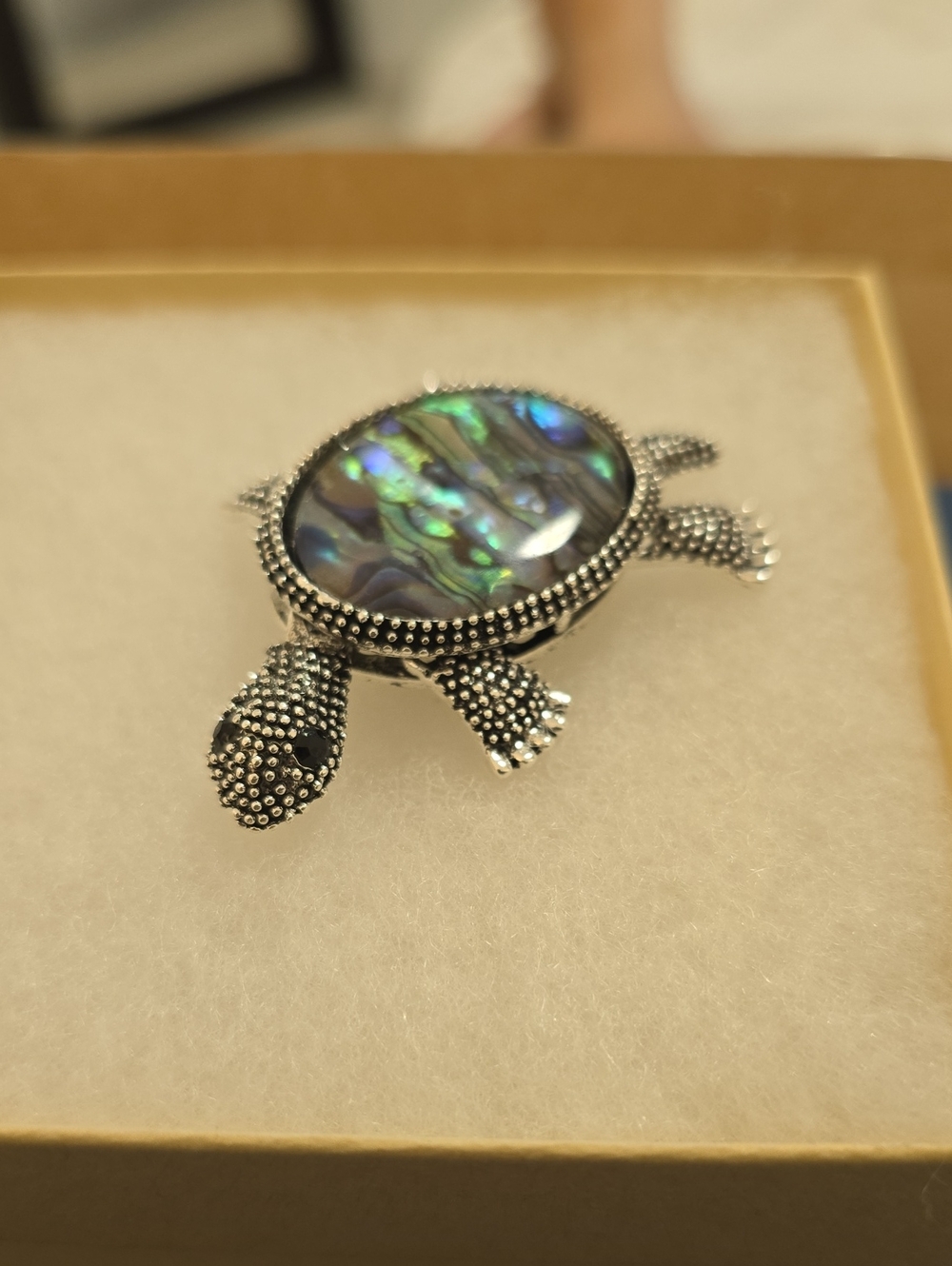 Stunning Abalone Shell Turtle Brooch Pin in Iridescent Green-Blue